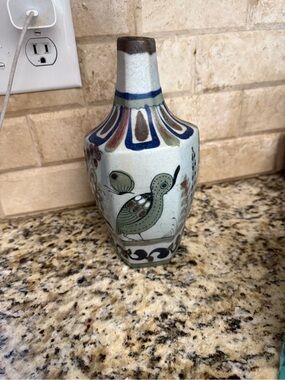 Hand-Painted Bird Ceramic Vase in Blue and Green Accents